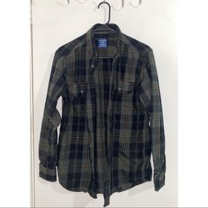Faded Glory Button Down Mens Size S Long Sleeve Olive Green Plaid Casual